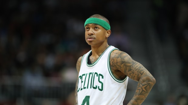 Apr 6, 2017; Atlanta, GA, USA; Boston Celtics guard Isaiah Thomas (4) reacts to a play during their game against the Atlanta Hawks at Philips Arena. The Hawks won 123-116. Mandatory Credit: Jason Getz-USA TODAY Sports